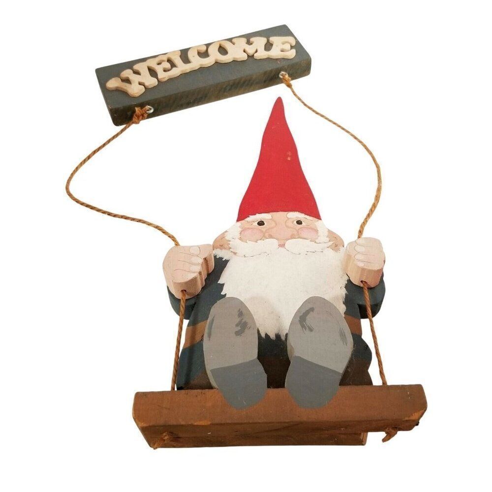 Wood Welcome Gnome on a Swing Garden Outdoor Living Decor Wooden